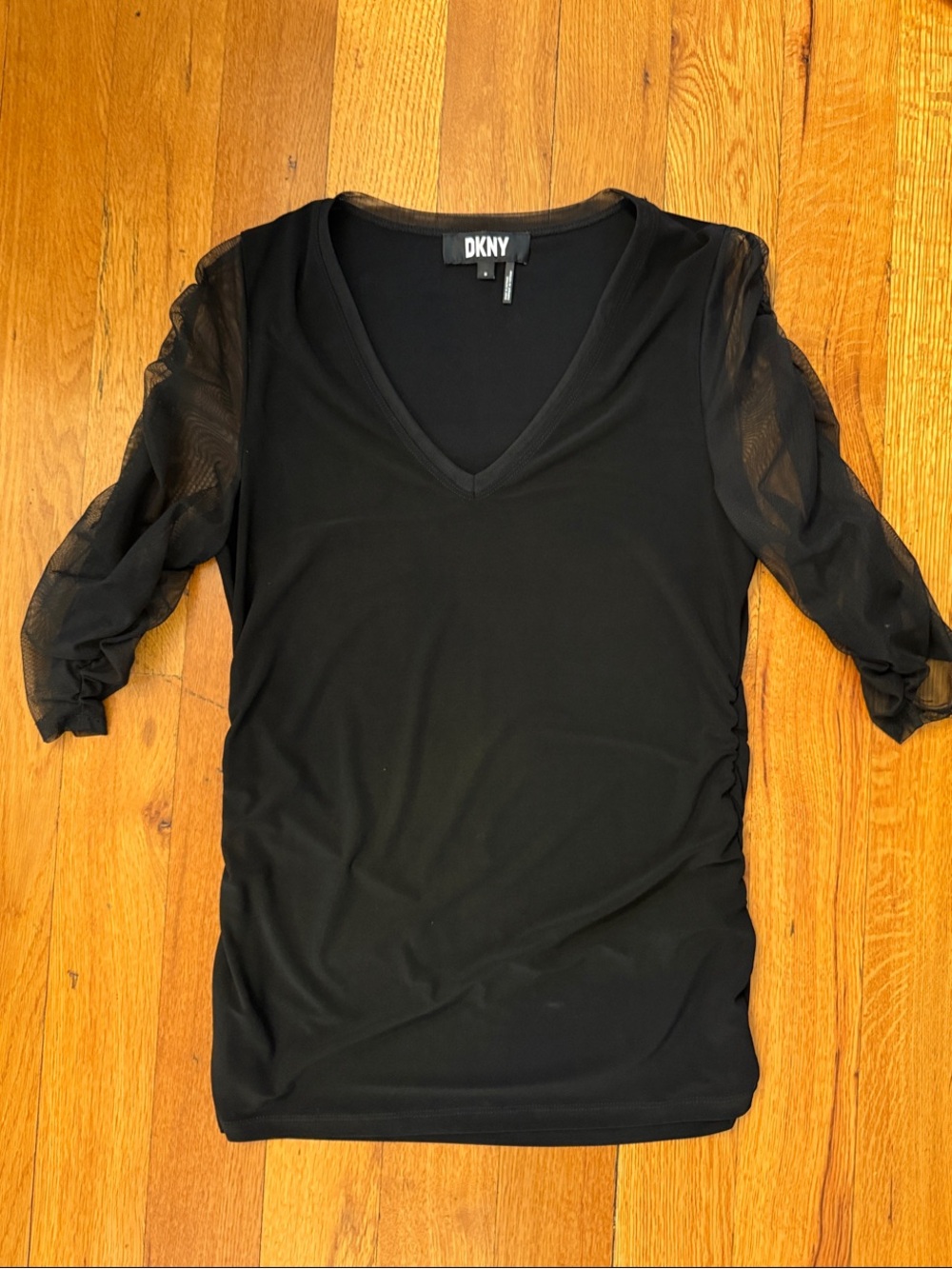 DKNY Black V-Neck Sheer Sleeve Top medium 90s Y2K flattering going out top